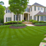 perfect front lawn with brown mulch bedss and shrubbery