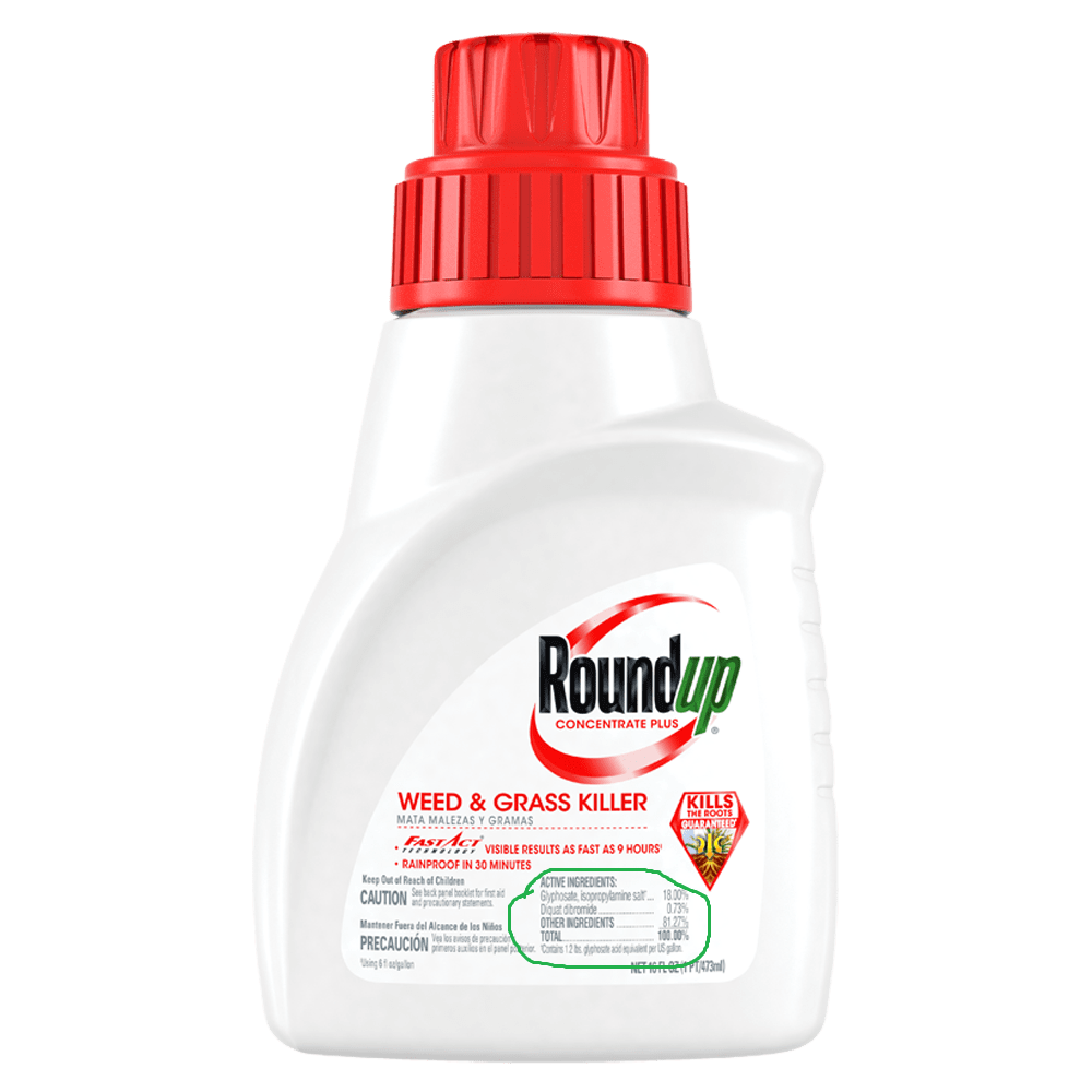 Bottle of Roundup weed killer highlighting active ingredient